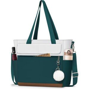 Women Dark Green With White Multi-Pocket Waterproof Canvas Tote Bags with Zipper